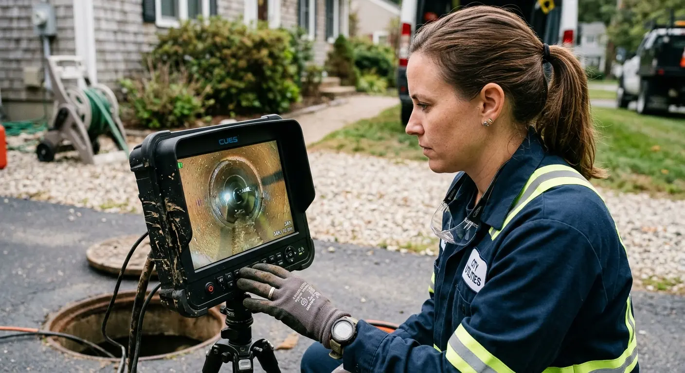 Technician reviewing sewer camera inspection footage in Fort Stewart