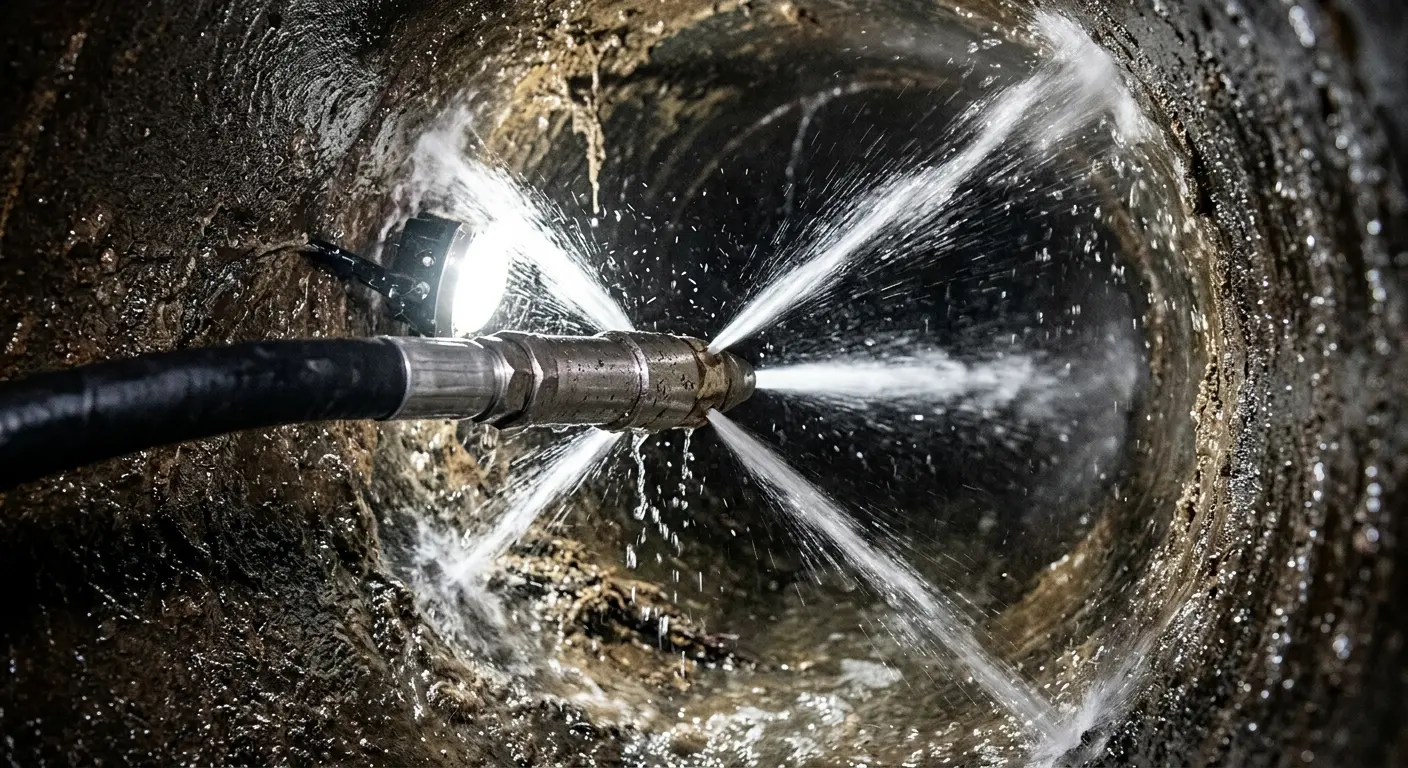 High-pressure hydro jetting nozzle cleaning sewer pipe for Trenchless Sewer Repair in Fort Stewart