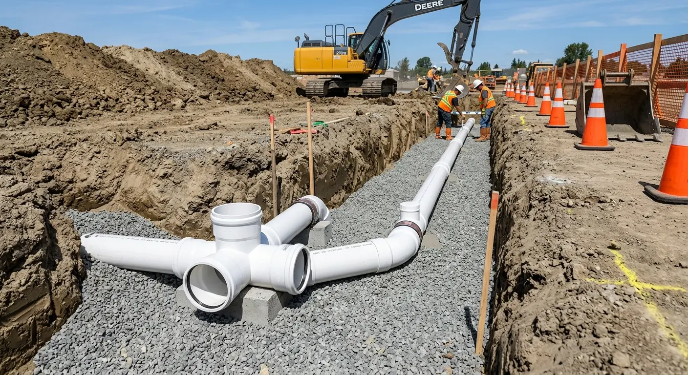 New PVC sewer pipe installation in open trench for Sewer Backup in Fort Stewart