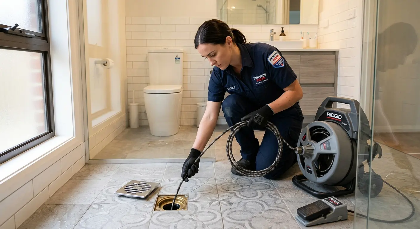 Technician clearing a bathroom floor drain for Sewer Line Replacement in Fort Stewart